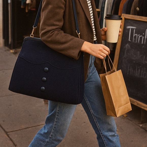 1950s Dark Blue Wool Felt Frame Bag w/ Scalloped Pocket & Covered Buttons - Picture 1 of 14